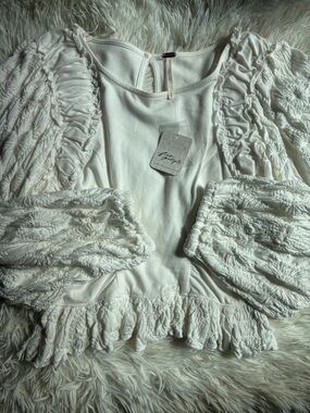 Free People Cream Ruffle Textured Long-Sleeve Top